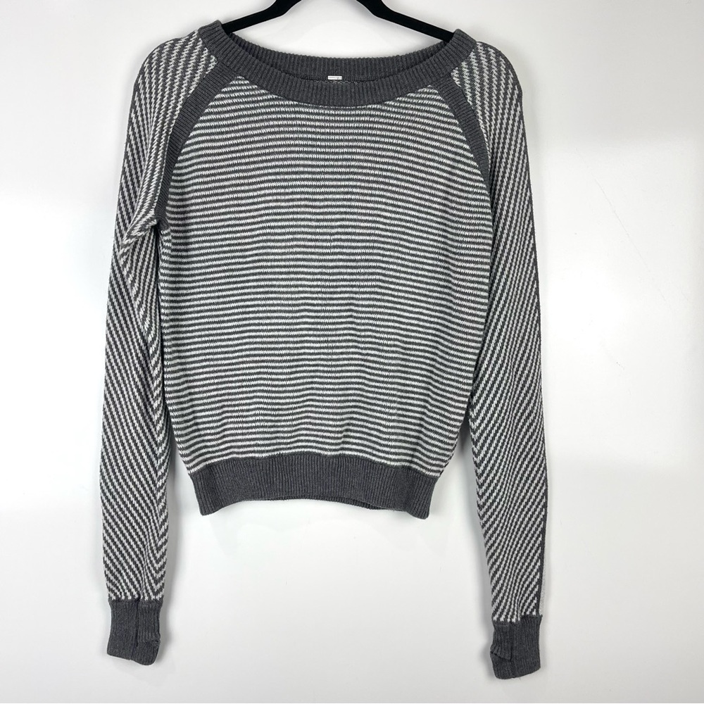 Lululemon Women's Devi Crewneck Cotton Knit Sweater Grey Striped Cozy Pullover